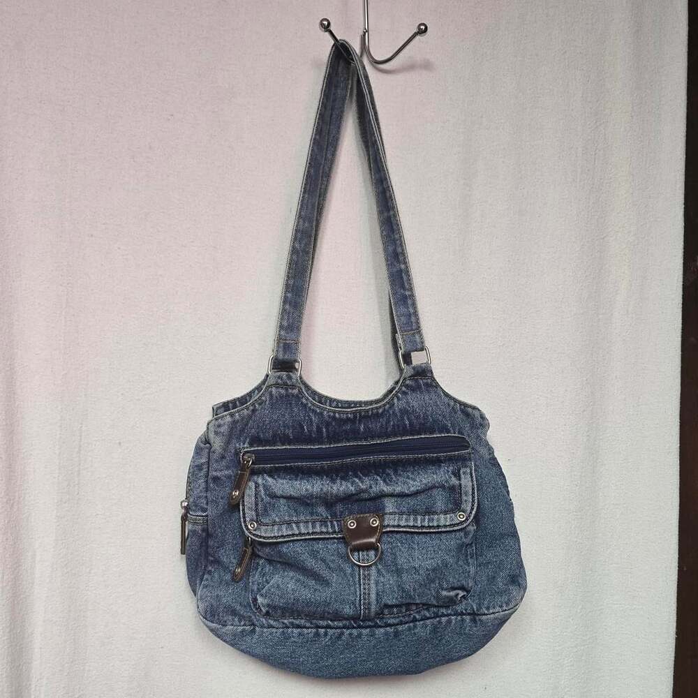 Vintage Denim Shoulder Bag Purse Blue Multi Pocket Y2K Style
